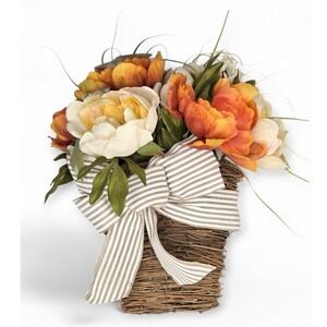 Ashland Fall Peony Floral Wall Hanging Grapevine Straw Basket Farmhouse Country